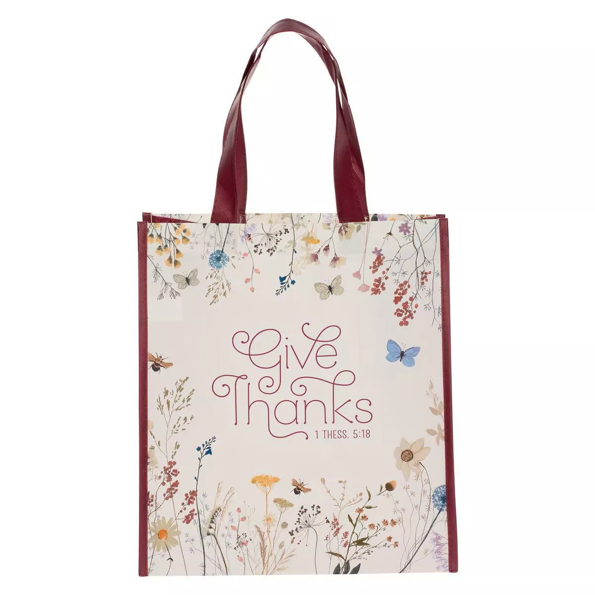 Give Thanks Topsy-Turvy Wildflower Non-Woven Coated Tote Bag – 1 Thessalonians 5:18