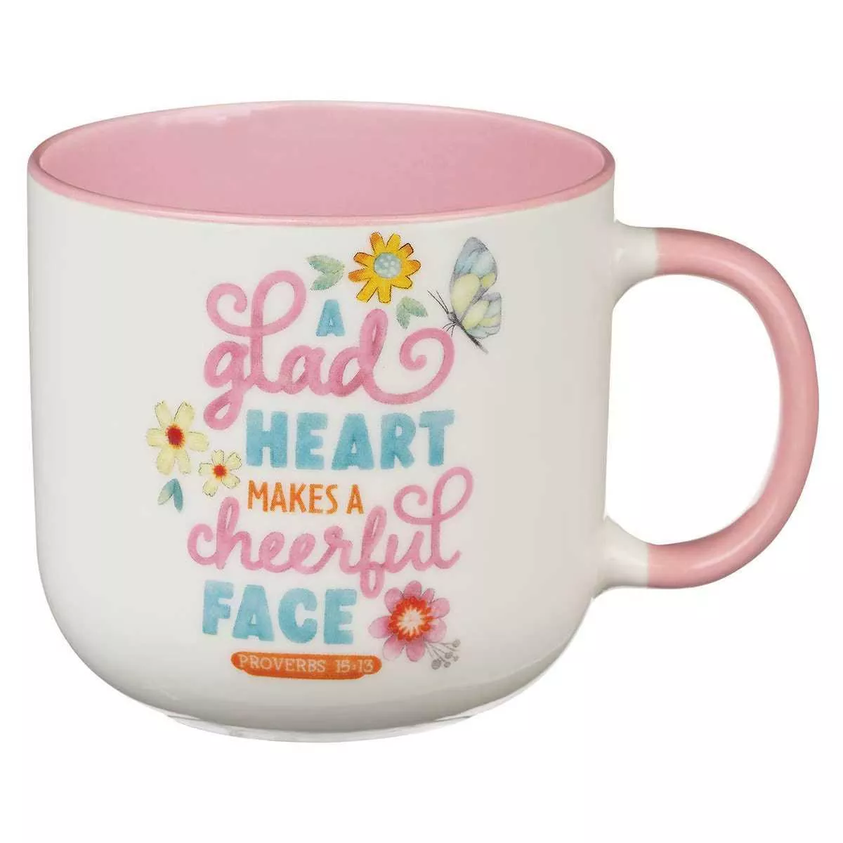 A Glad Heart Makes a Cheerful Face Pink Ceramic Mug – Proverbs 15:13