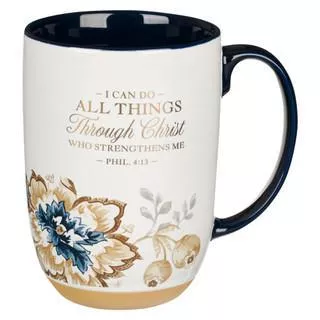 I Can Do All Things Honey-brown and Blue Ceramic Mug with Exposed Clay Base – Philippians 4:13