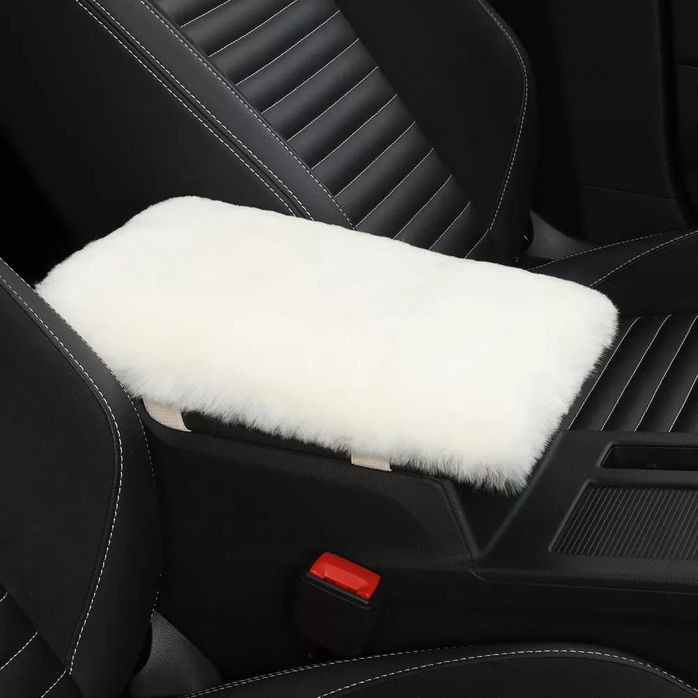 Iriwool Sheepskin Armrest Cover Auto Center Armrest Cover Car Soft Console Pad, Fluffy Wool Auto Center Console Cover For Most Car Arm Rest Decoration Protector 7 X 13 Inch (Shearling, Light Gray)