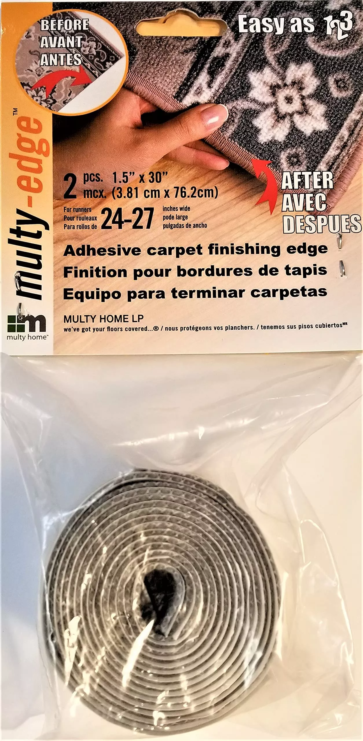 Multy Adhesive Carpet Finishing Edge, 1.5" x 30", Grey, 2-Piece Polypropylene Set