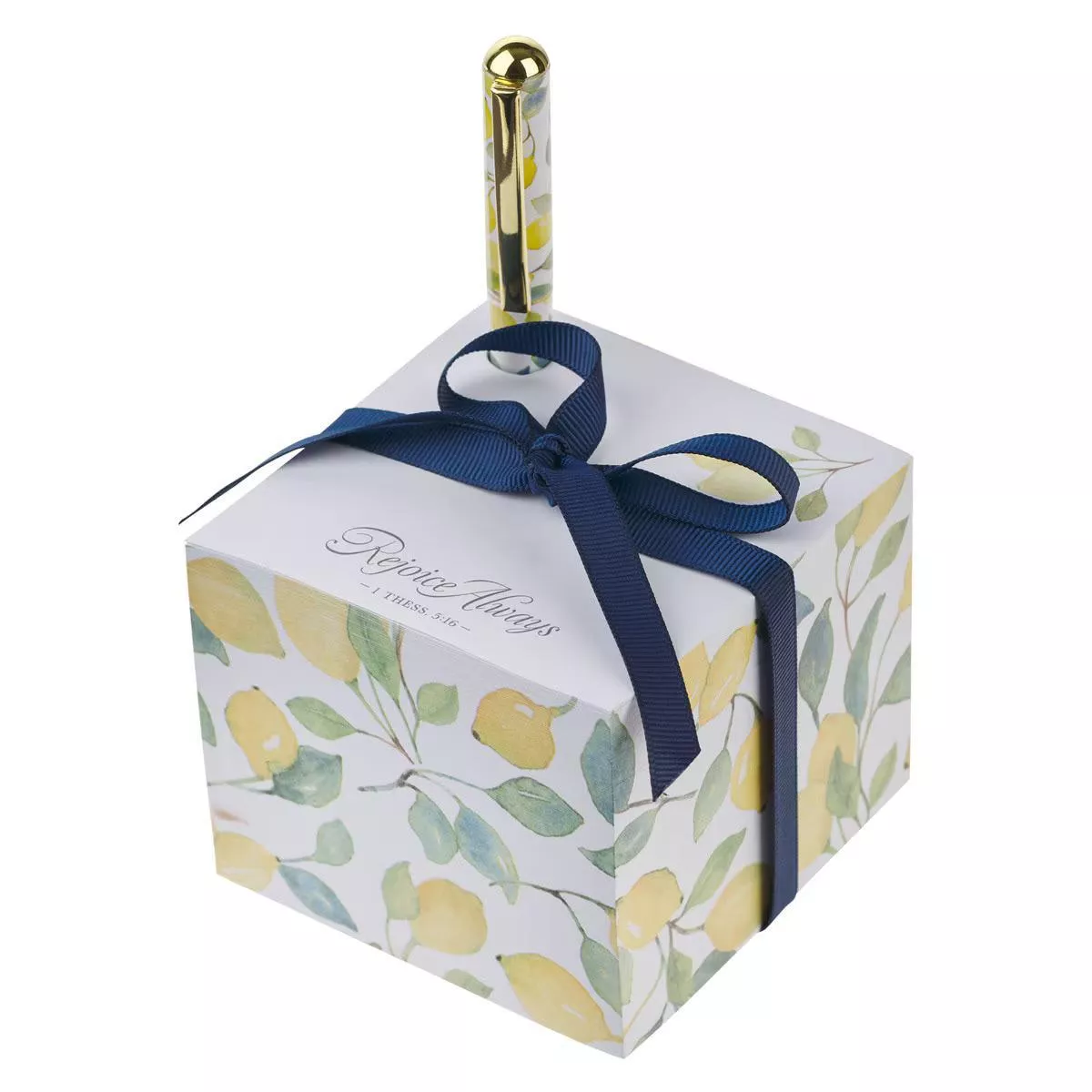 Rejoice Always Yellow Lemon Note Block with a Pen – 1 Thessalonians 5:16