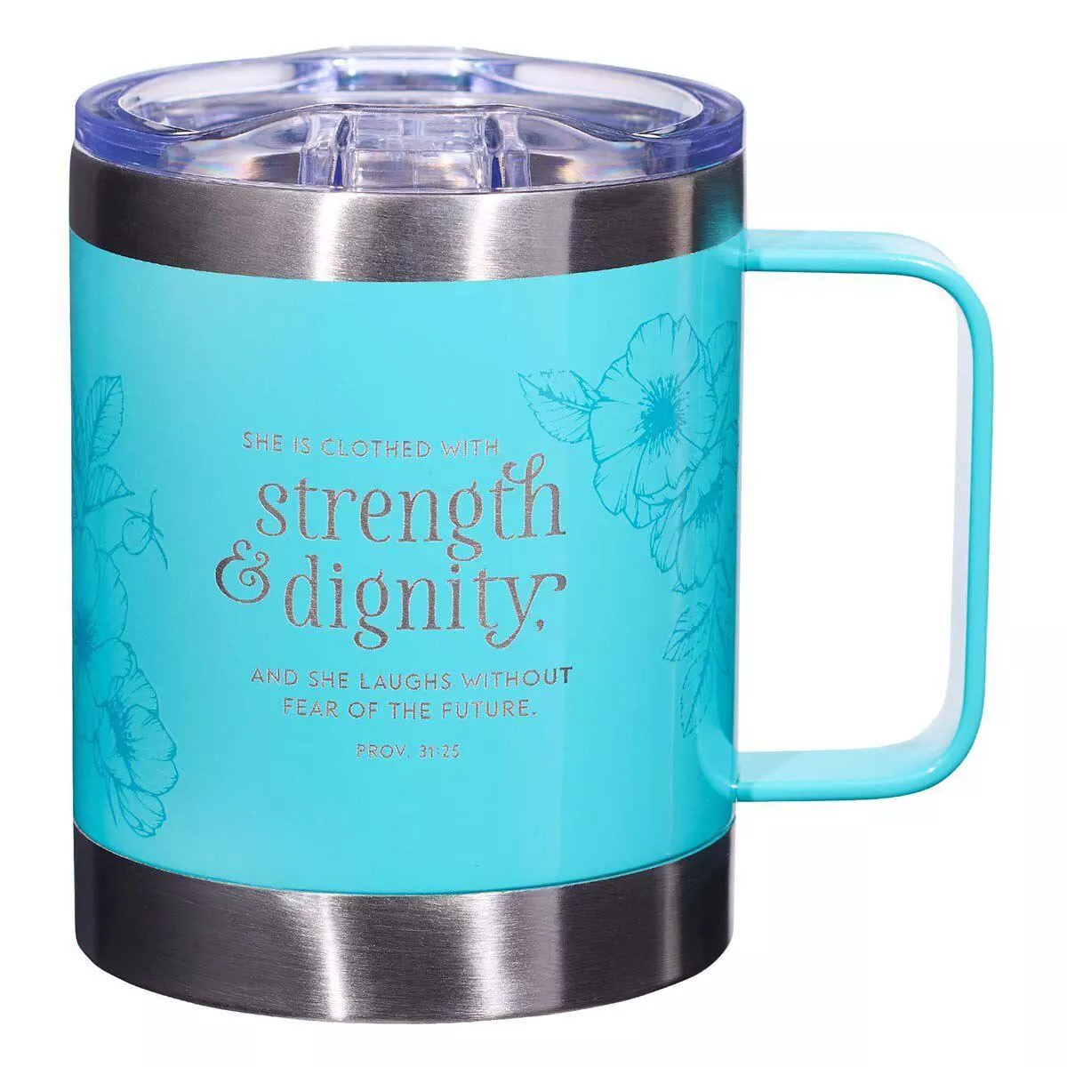 Strength & Dignity Teal Camp-style Stainless Steel Mug – Proverbs 31:25