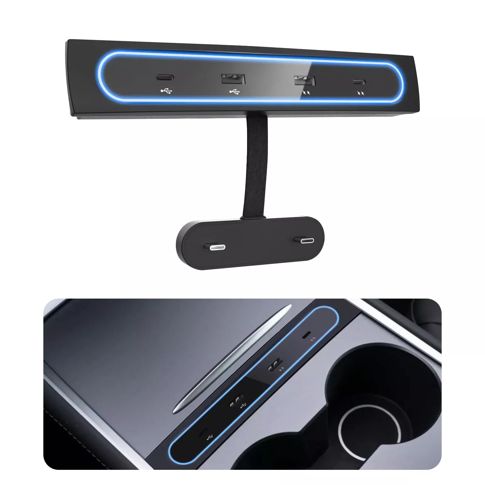 Vijim Car Usb Charger Multi Port For 2021 2022 2023 2024 Tesla Model 3/Y | Tesla Usb Hub With Blue Led Light | Tesla Model 3/Y Accessories 100% Fit Center Console Adapter | Tesla Phone Charger